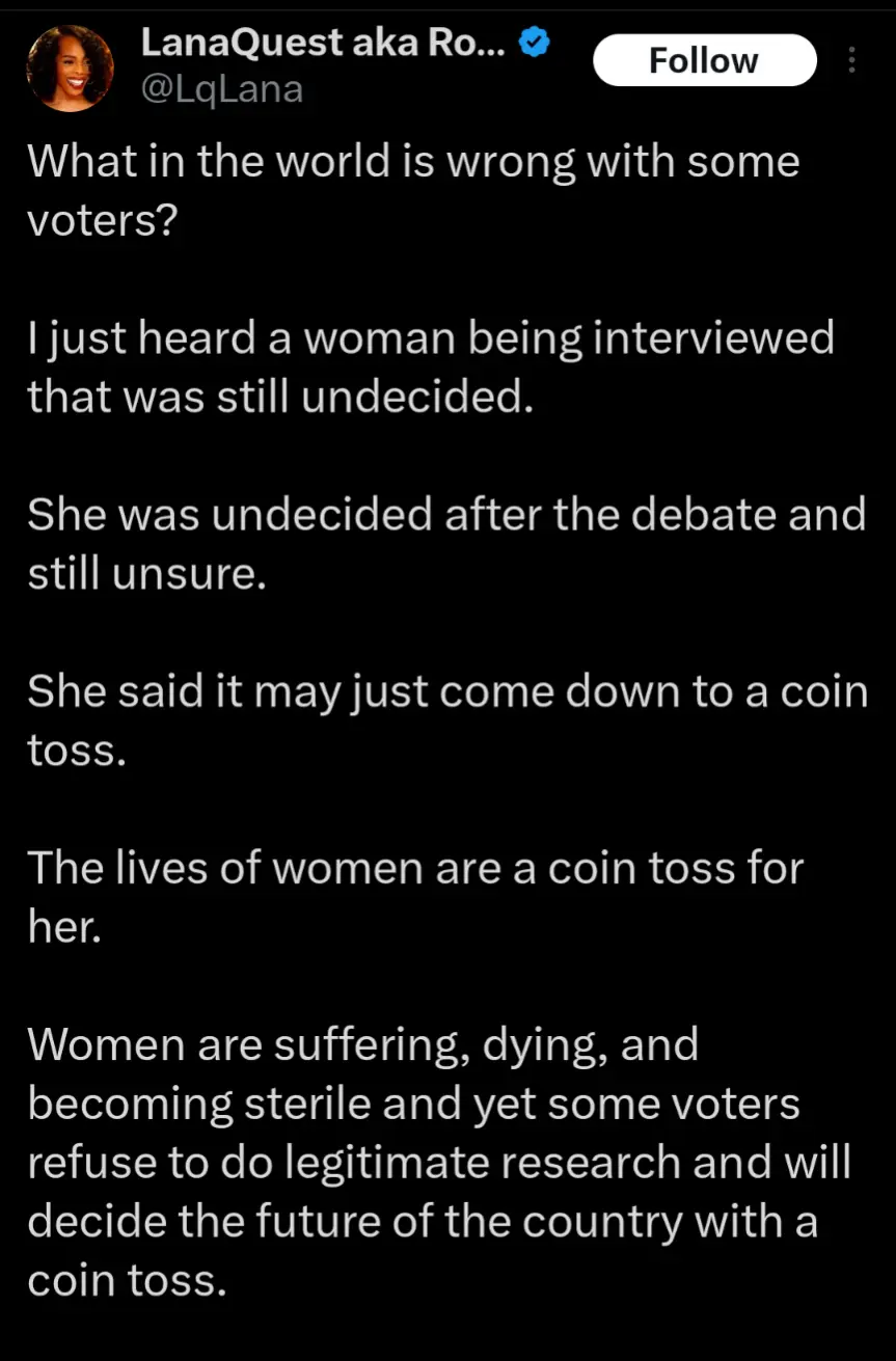 A screenshot of a tweet by LanaQuest (@LqLana) with a black background and white text. The tweet expresses outrage at voters…