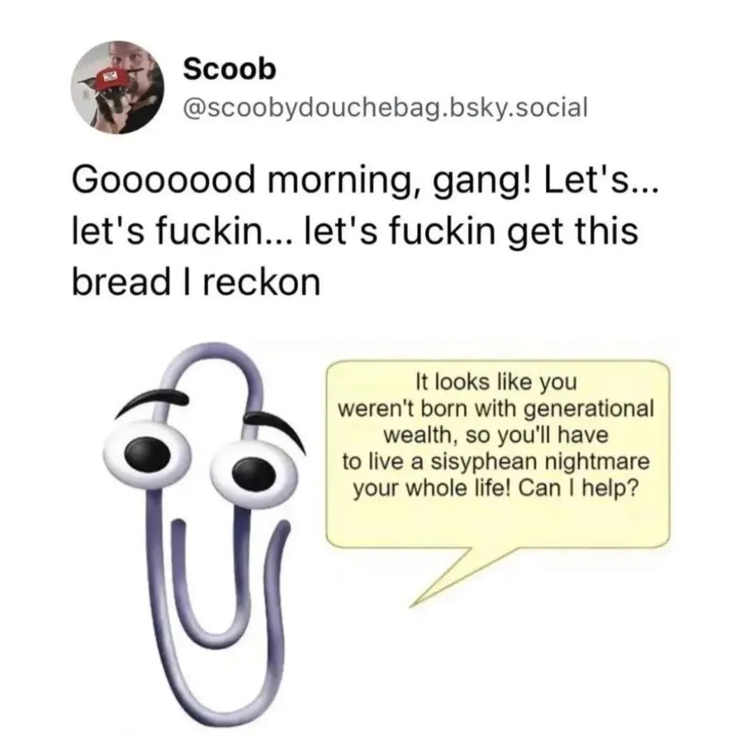 An image of a cartoonish purple paperclip with large googly eyes and arched eyebrows, speaking in a yellow speech bubble…