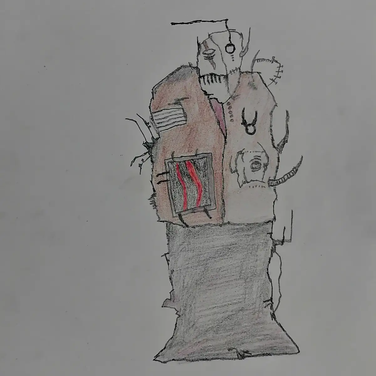 A hand-drawn, crudely colored sketch depicts a stitched-together, monstrous-looking figure with a skull-like face, wearing a…