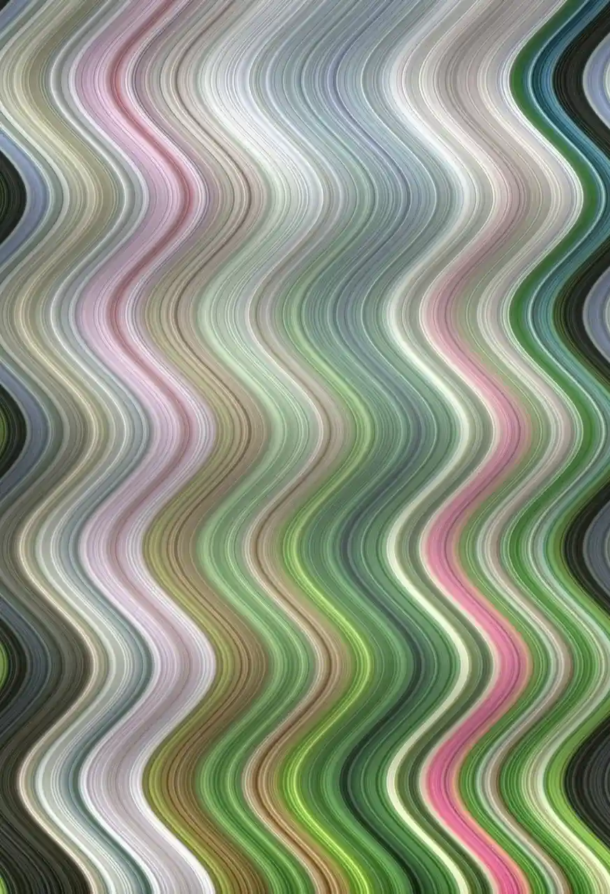 The image displays a mesmerizing abstract pattern of countless thin, wavy, parallel lines in a spectrum of colors including…