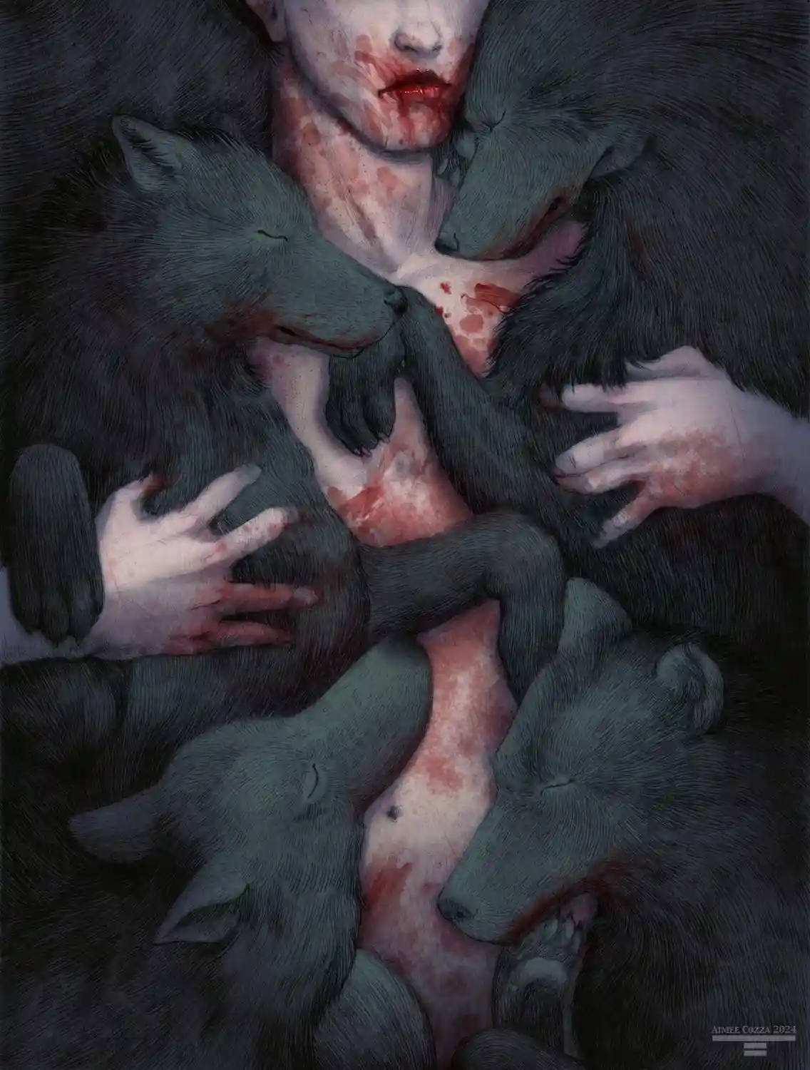 A dark, artistic illustration shows a pale human figure with blood on their face and chest, surrounded by four black wolves…