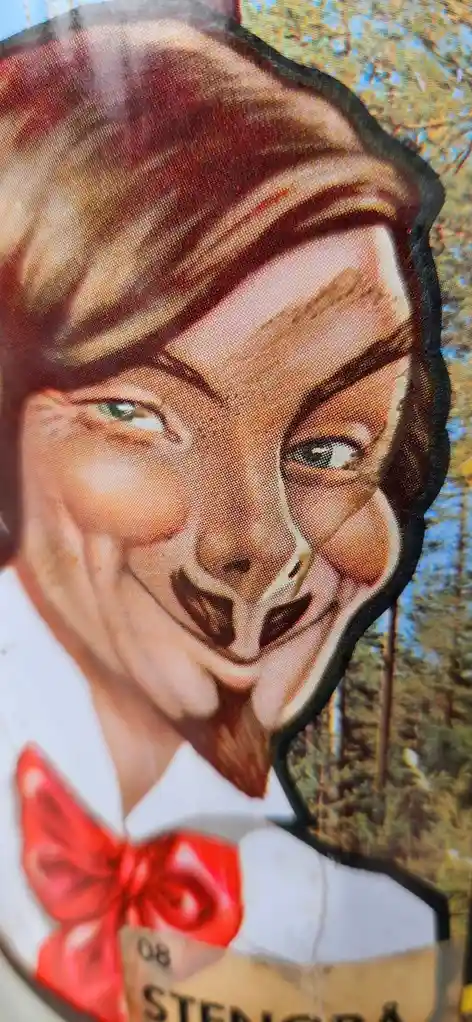 A close-up of a vintage-style illustrated cutout of a smiling man with brown hair, wearing a white shirt and a red bow tie…