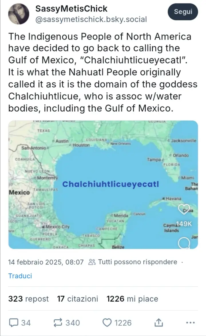 A social media post shows a map of the Gulf of Mexico with the text 'Chalchiuhtlicueyecatl' overlaid on the water. The…
