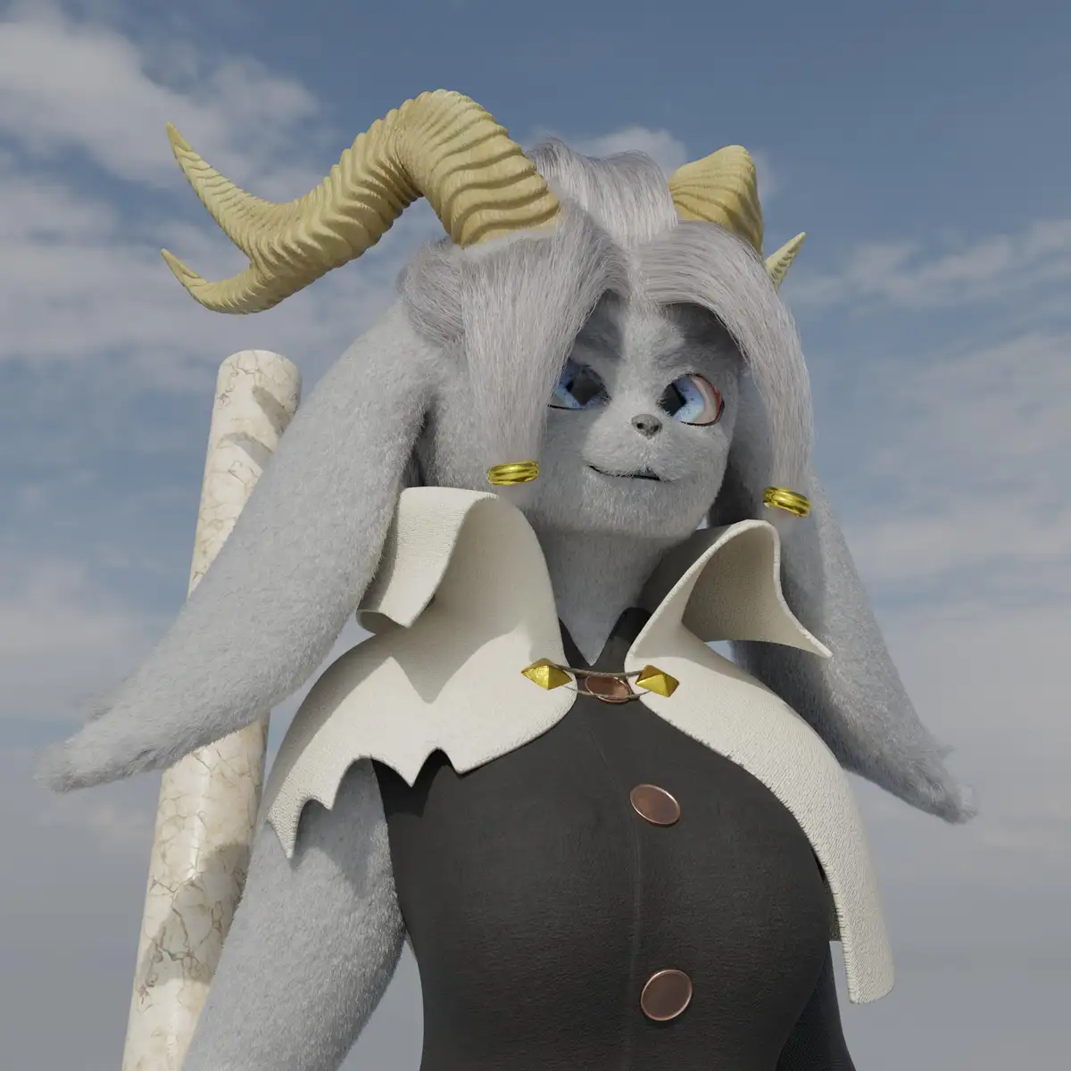 A gray, furry, goat-like humanoid with large curved horns and long ears, wearing a dark coat with a white collar and holding…