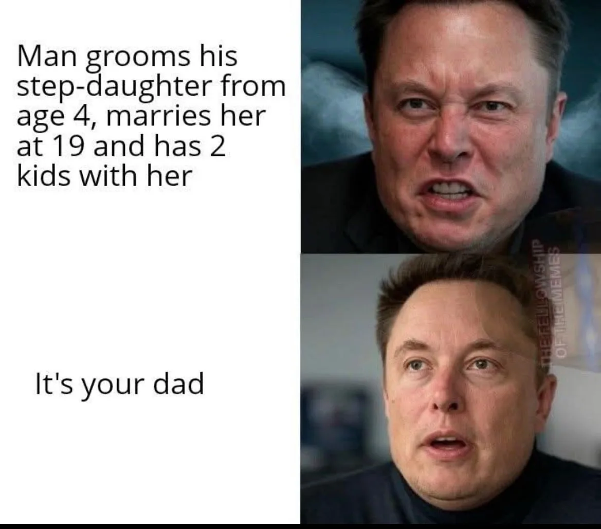 The image is a two-panel meme featuring Elon Musk. The top panel shows him with a furious, scowling expression, while the…