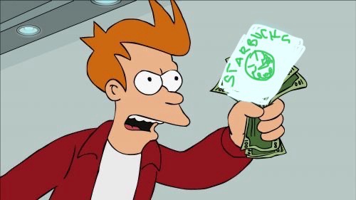 A cartoon man with orange hair and a red jacket holds up a wad of cash, with a Starbucks gift card visibly tucked on top…