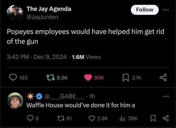A screenshot of a Twitter thread shows a tweet from 'The Jay Agenda' stating 'Popeyes employees would have helped him get…