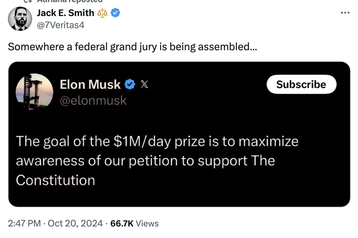 The image shows a screenshot of a tweet from Elon Musk's verified X account, which reads: 'The goal of the $1M/day prize is…