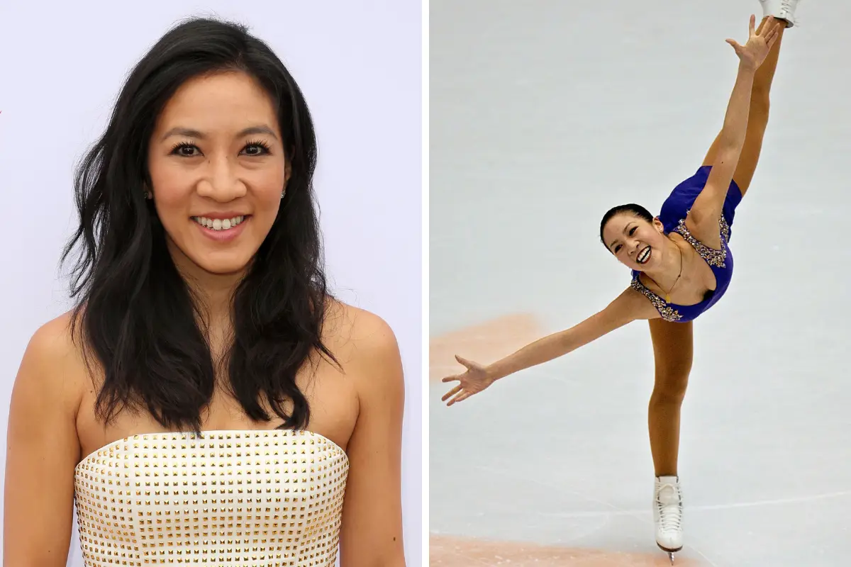 The image is a split-screen showing Michelle Kwan in two different contexts: on the left, she is smiling in a gold studded…
