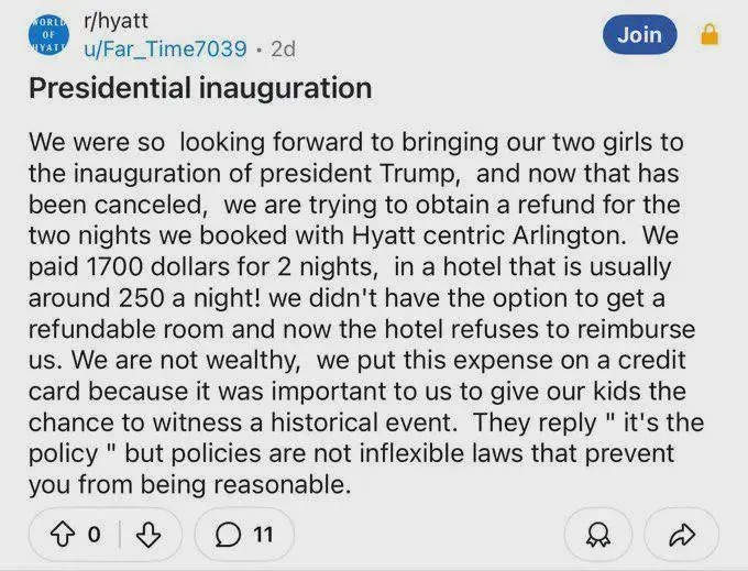 A screenshot of a Reddit post from r/hyatt, where a user laments paying $1700 for two nights at a Hyatt hotel for a canceled…