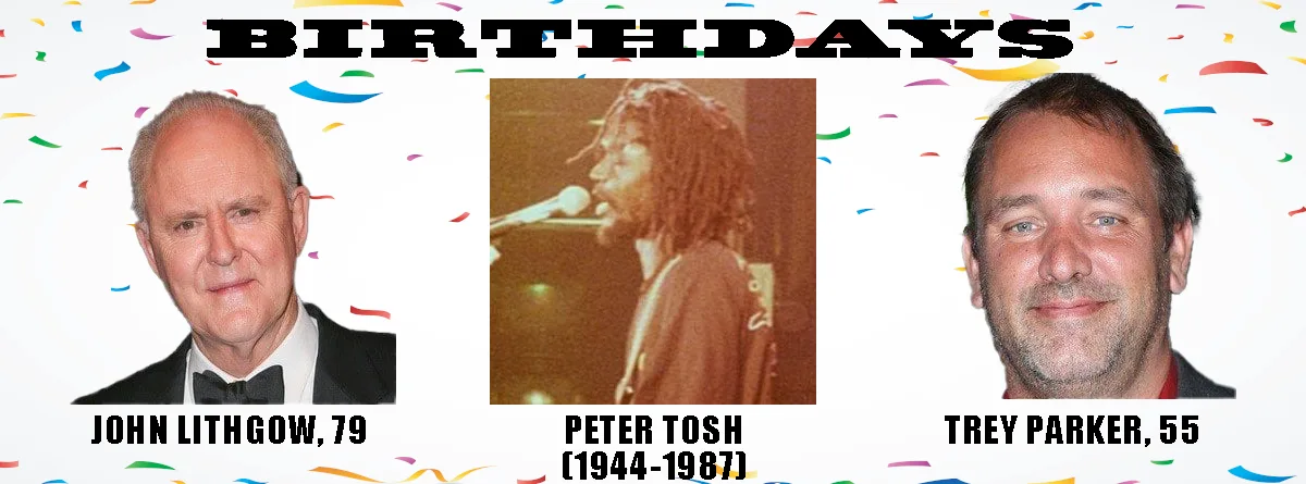 A birthday meme template with confetti background and three headshots: John Lithgow (79), Peter Tosh (1944-1987), and Trey…