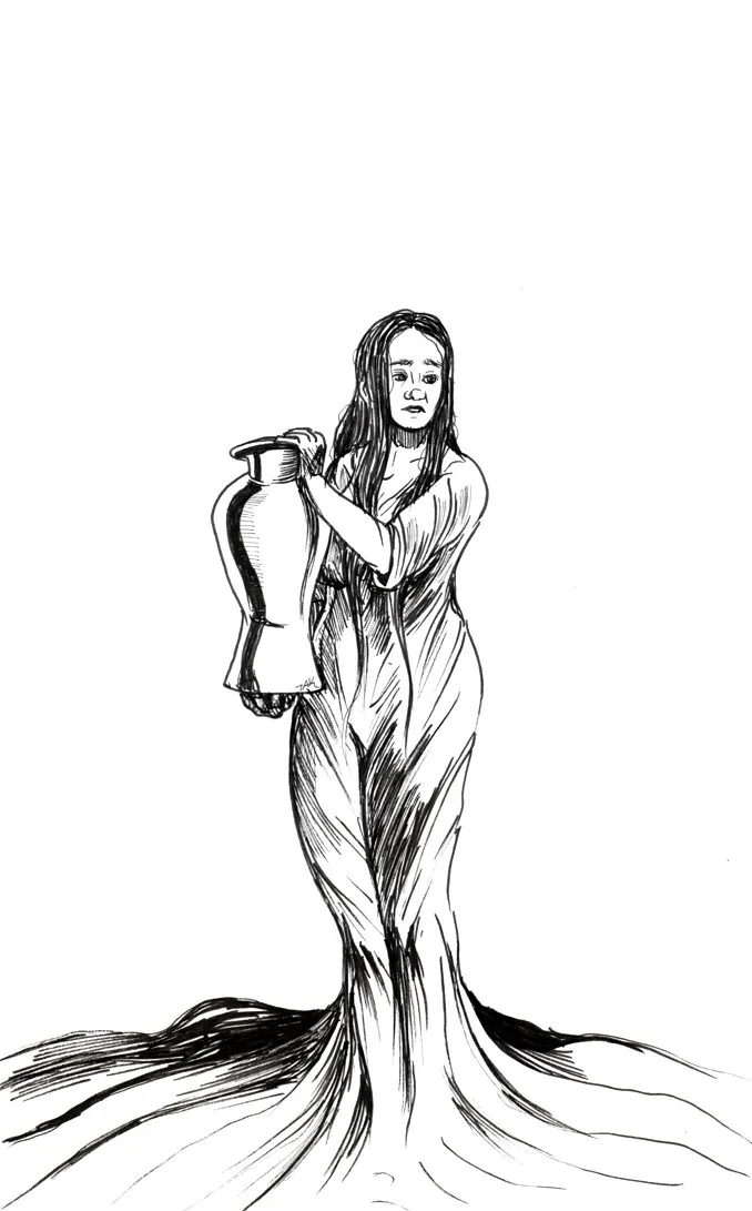A black-and-white sketch shows a woman with a human upper body and a flowing, tail-like lower body resembling a mermaid…