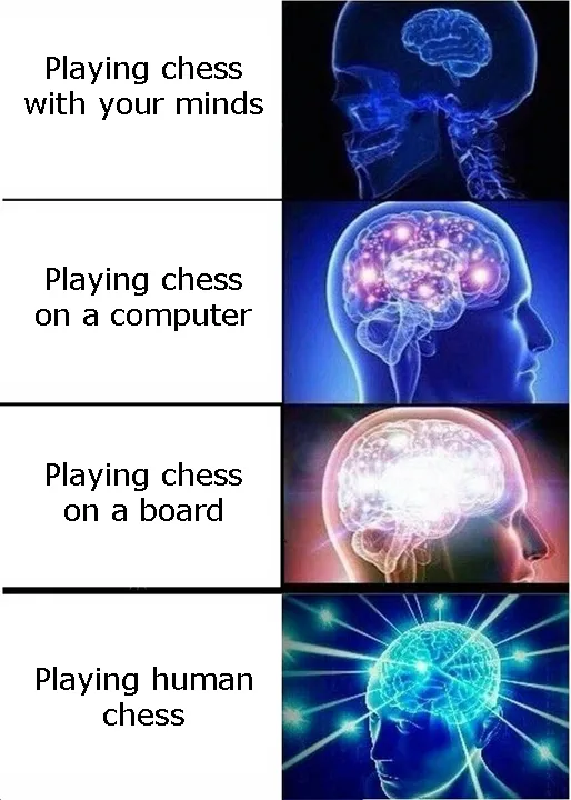 A four-panel meme shows a human head with a brain illustration in each panel. The top panel shows a simple brain outline…