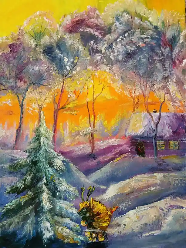 A colorful, impressionistic painting depicts a snowy winter scene with a small house, snow-covered trees, and a bright…
