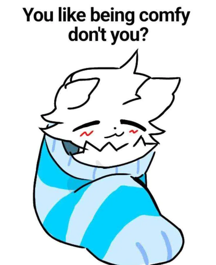 A cartoon drawing of a white, fluffy, cat-like creature with closed eyes and a content smile, wrapped snugly in a blue and…