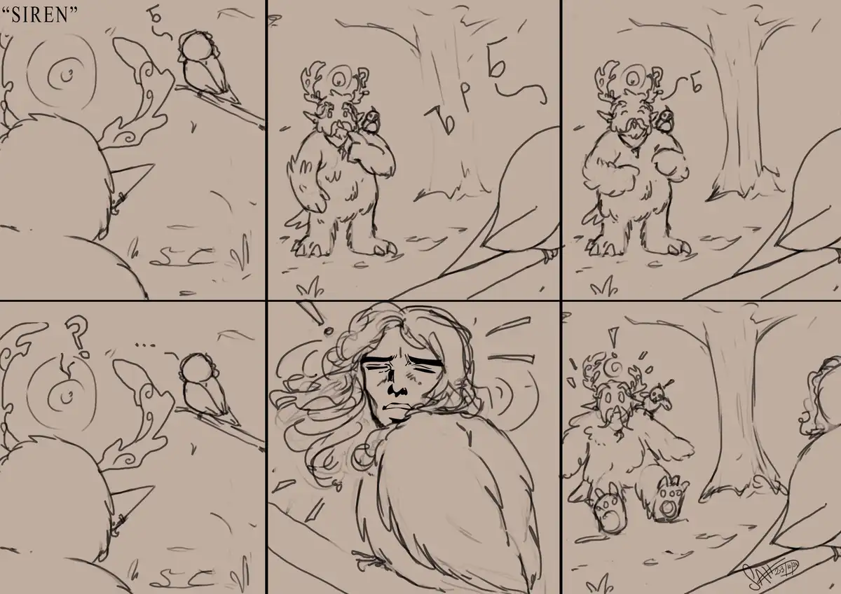 A six-panel comic strip in sepia tones shows a siren-like creature observing a deer-like monster. The monster, holding a…