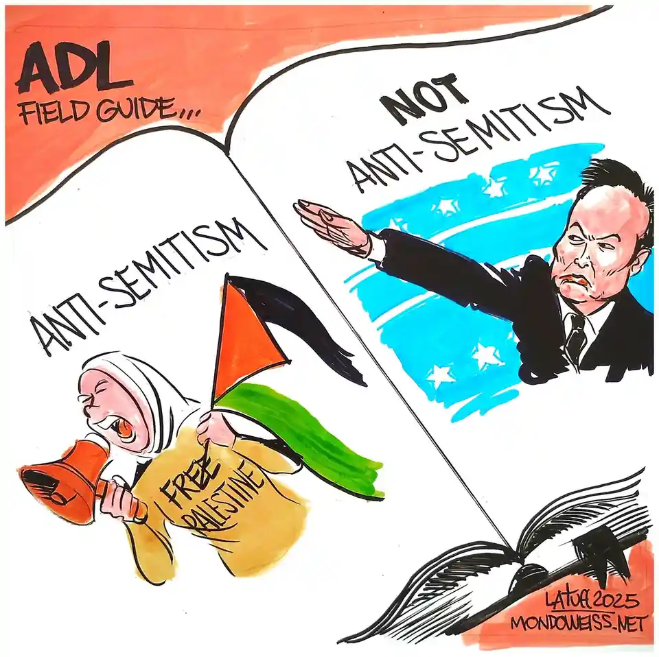 An open book titled 'ADL FIELD GUIDE...' shows two contrasting scenes: on the left, a person in a hijab holding a…