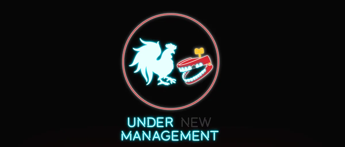 A neon-style logo on a black background features a glowing blue rooster silhouette and a red, open mouth with teeth and a…