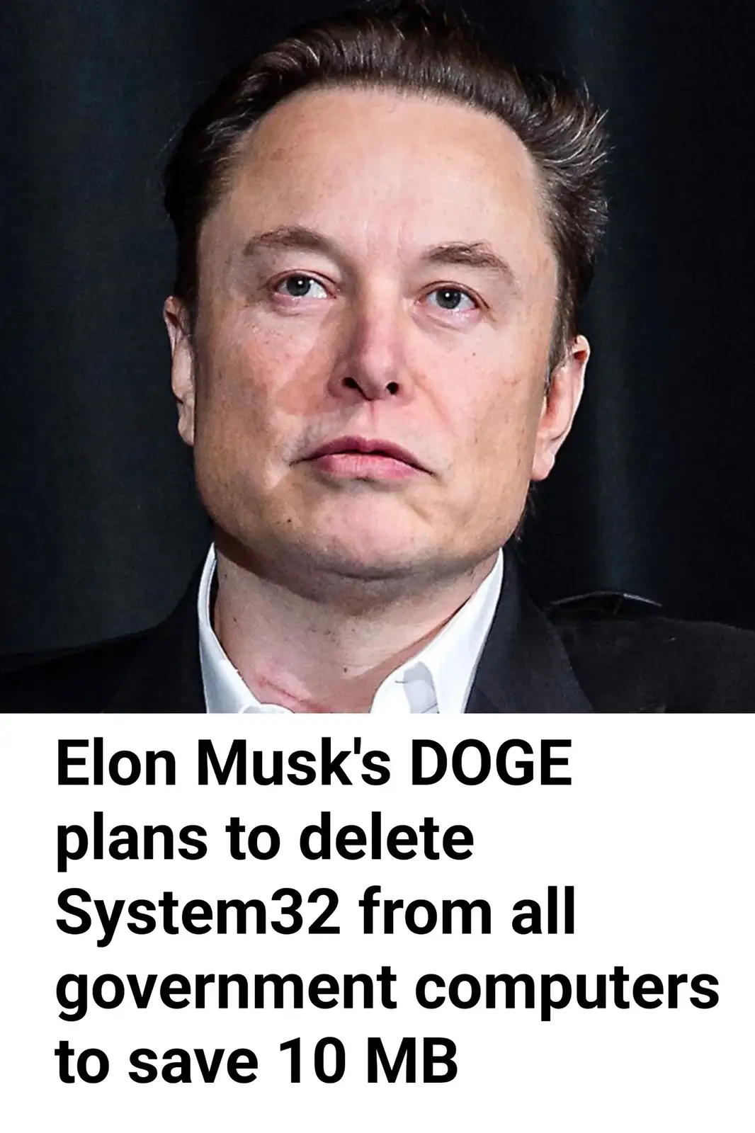 A close-up photo of Elon Musk with a deadpan, unimpressed facial expression. Below the image, bold black text on a white…