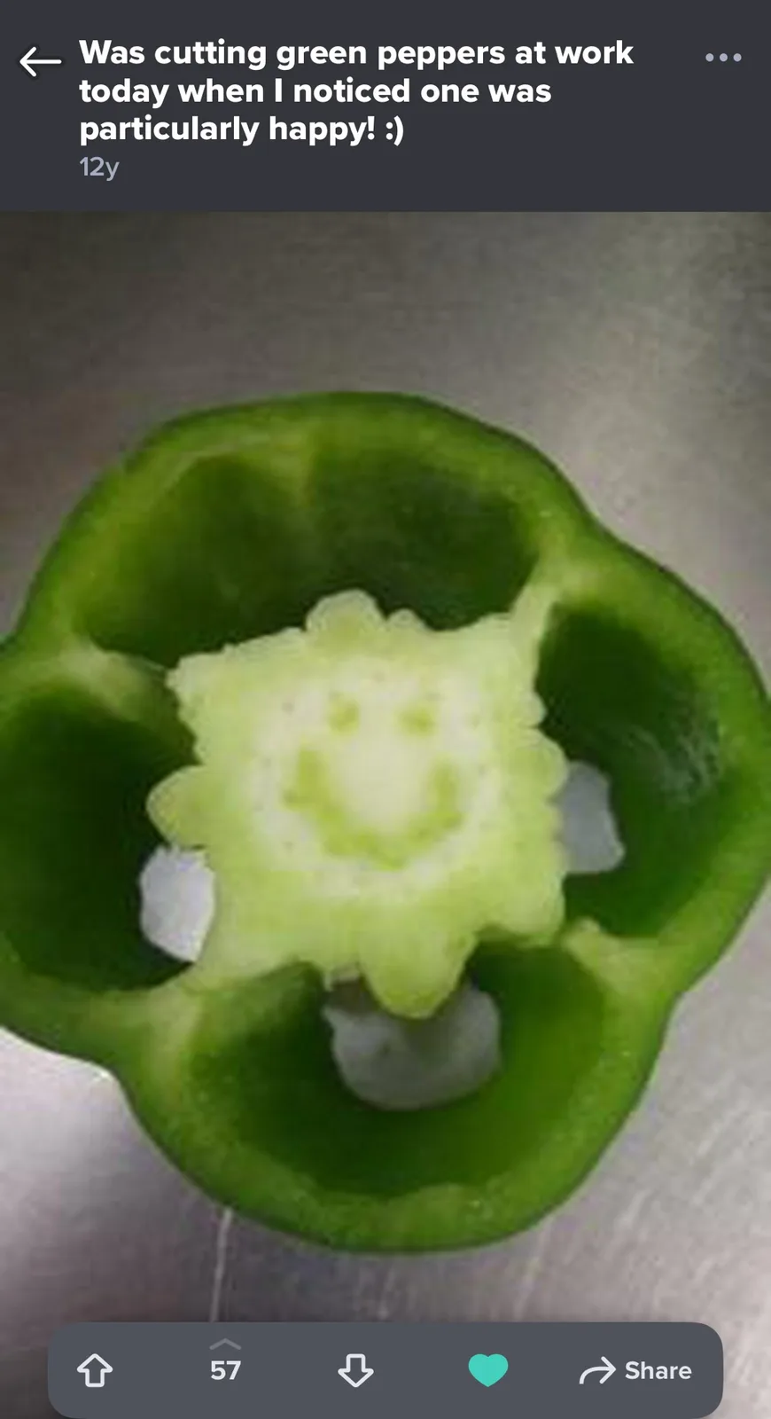 A close-up photo shows the inside of a cut green bell pepper, revealing its pale green core with a natural, smiling…