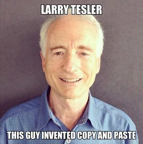 A headshot of Larry Tesler, a smiling older man with white hair wearing a blue collared shirt, against a plain gray…