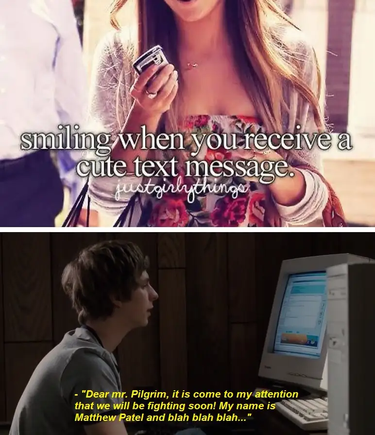 The top panel shows a young woman smiling while holding a flip phone, with text overlay reading 'smiling when you receive a…