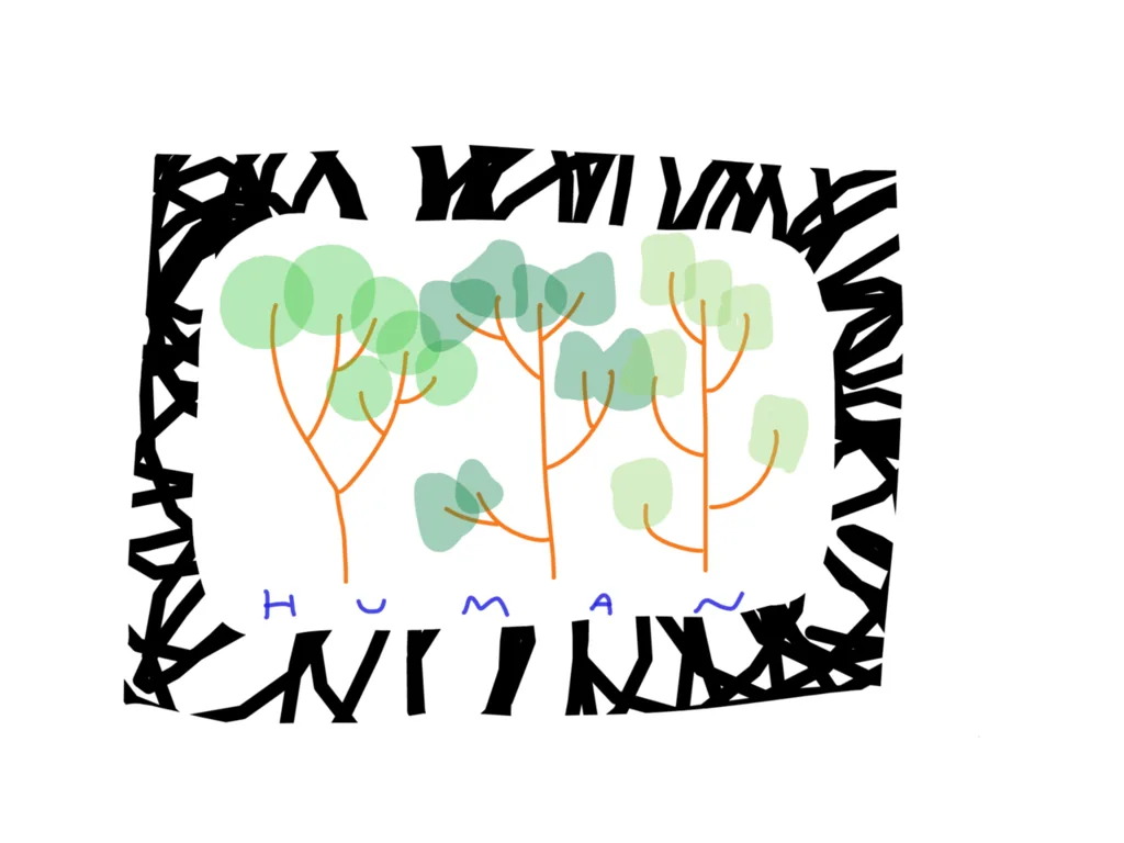 A hand-drawn illustration shows three stylized trees with orange trunks and green foliage inside a jagged black border…