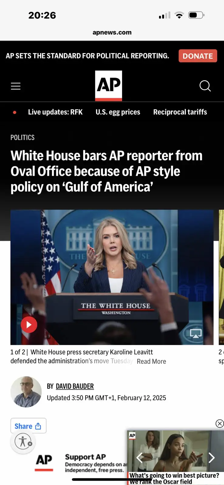 A screenshot of an AP News article headline reads 'White House bars AP reporter from Oval Office because of AP style policy…