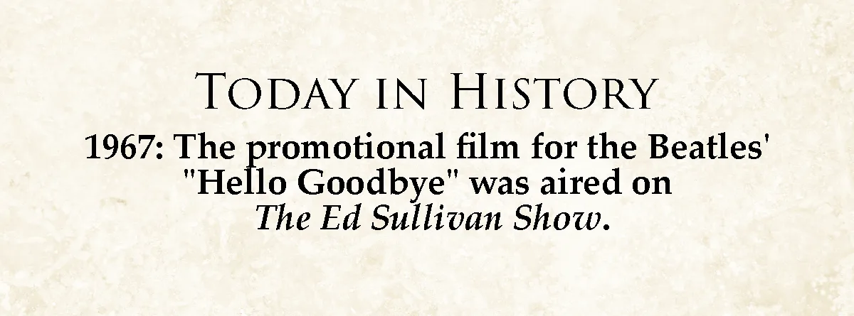 A beige textured background displays black serif text announcing a historical fact: 'TODAY IN HISTORY 1967: The promotional…