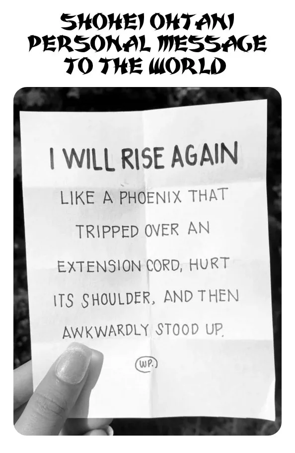 A black-and-white photo shows a hand holding a crumpled handwritten note. The note reads 'I WILL RISE AGAIN LIKE A PHOENIX…