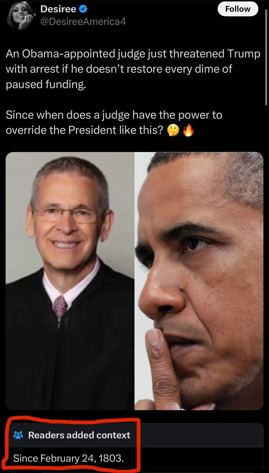 The image shows a split-screen with a photo of a smiling man in a black judicial robe on the left and a close-up of Barack…