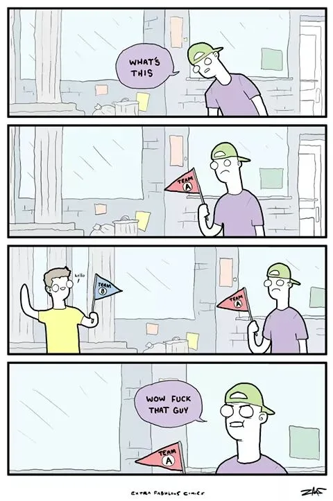 A four-panel comic strip shows a man in a green cap holding a red pennant labeled 'TEAM A'. He asks 'WHAT'S THIS?' as…