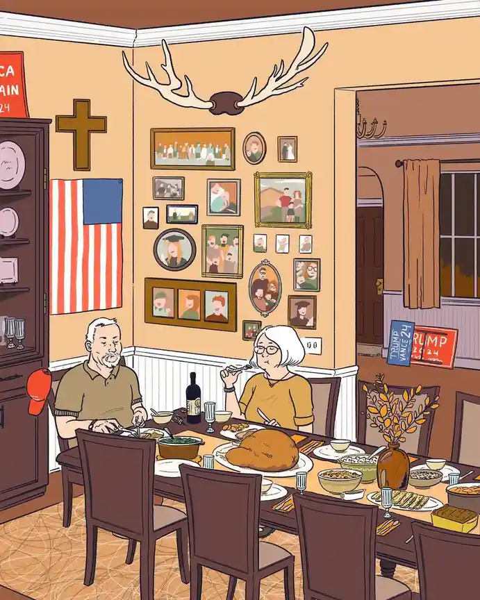 An illustrated Thanksgiving dinner scene with an older couple eating at a long table with a turkey, surrounded by American…
