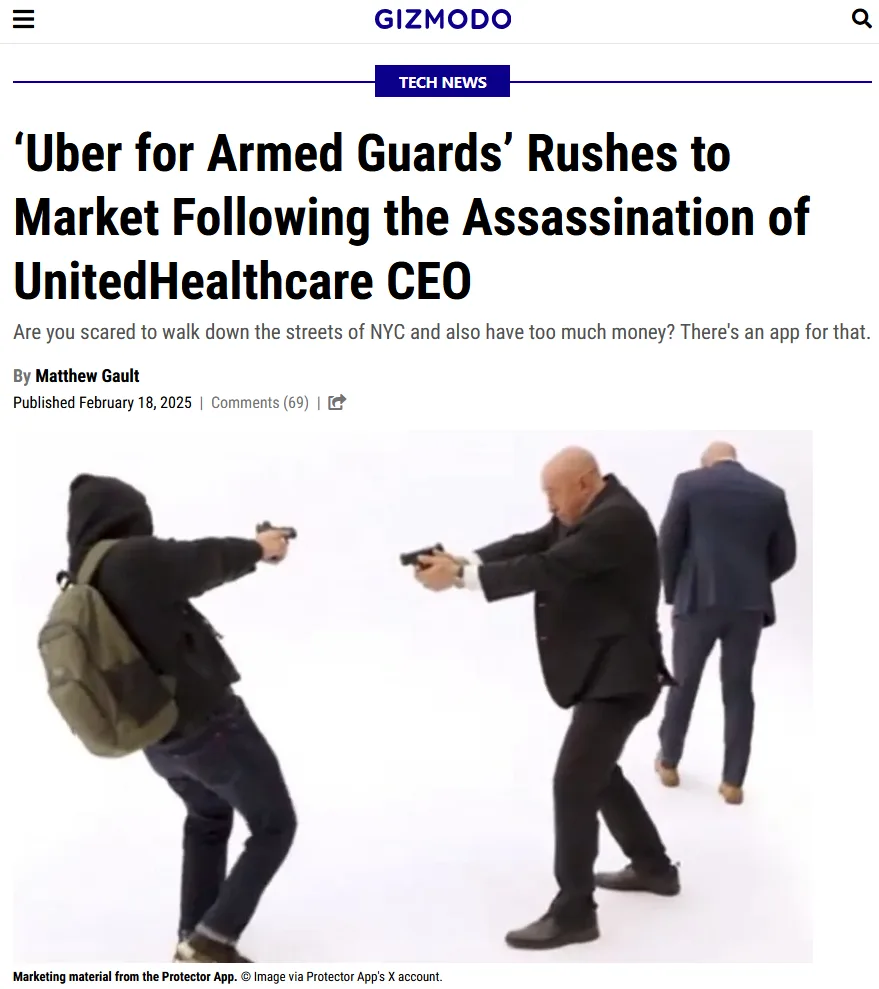 A screenshot of a Gizmodo article with a headline about a new app for armed guards. The image shows three men: one in a…