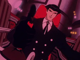 A six-panel anime sequence shows a man in a black suit with red accents, initially calm, then turning his head, followed by…