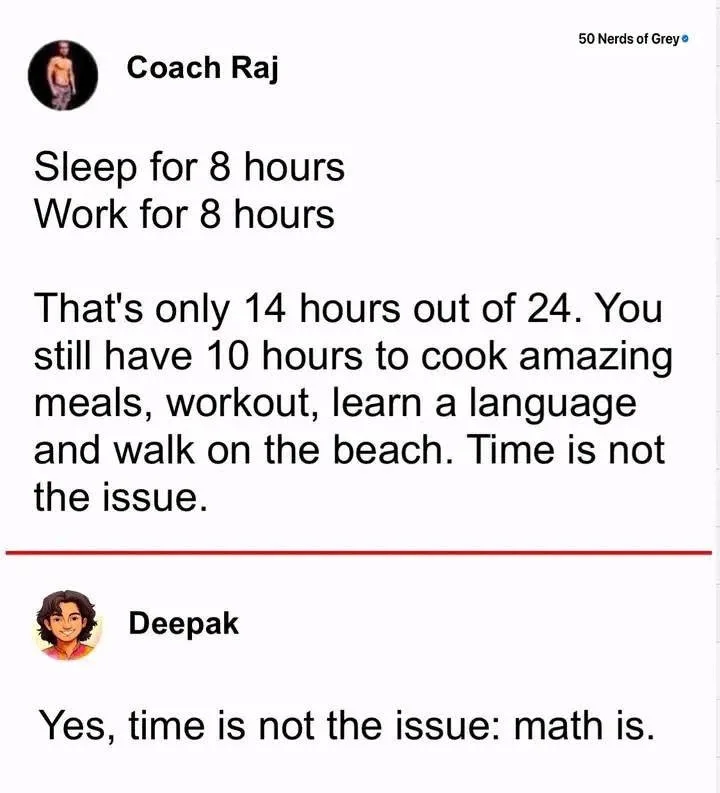 A screenshot of a social media conversation where 'Coach Raj' claims that with 8 hours of sleep and 8 hours of work, one…
