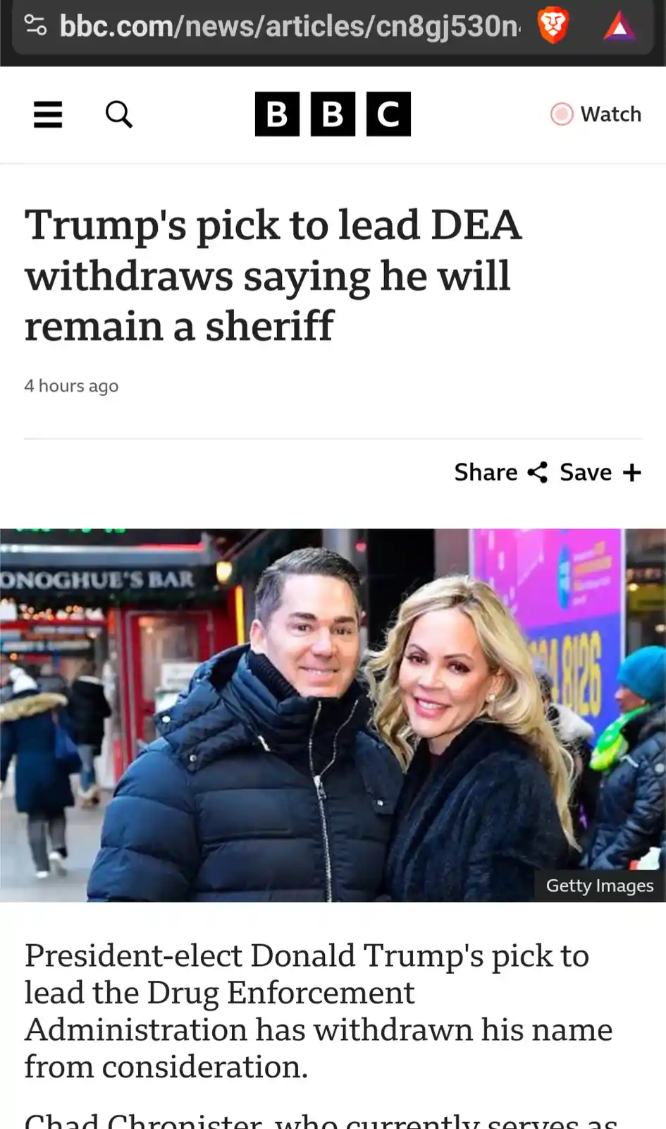 A screenshot of a BBC news article headline about Chad Chronister withdrawing from consideration to lead the DEA, with a…