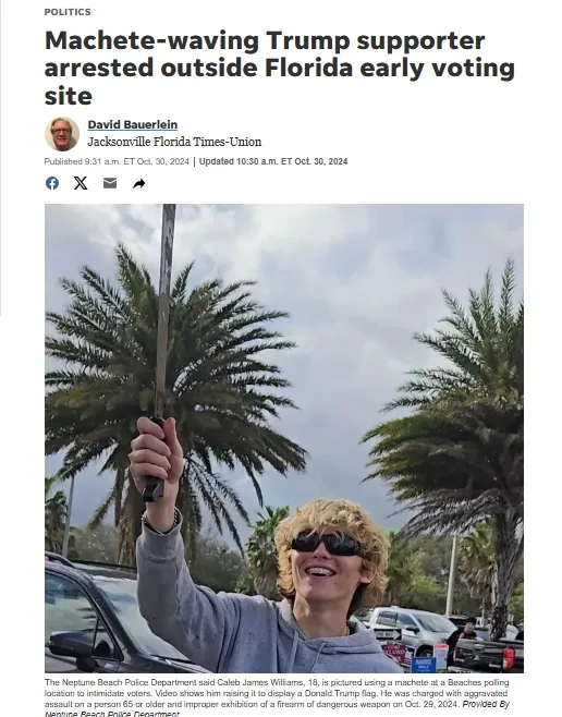 A young man with curly blonde hair and sunglasses holds a machete aloft outdoors near palm trees, smiling broadly. The image…