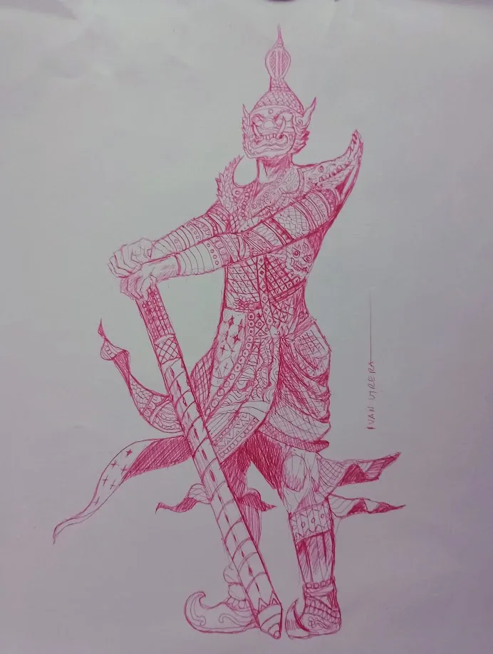 A detailed pink line drawing of a heavily armored, demonic-looking warrior with a crown, holding a large ornate staff. The…