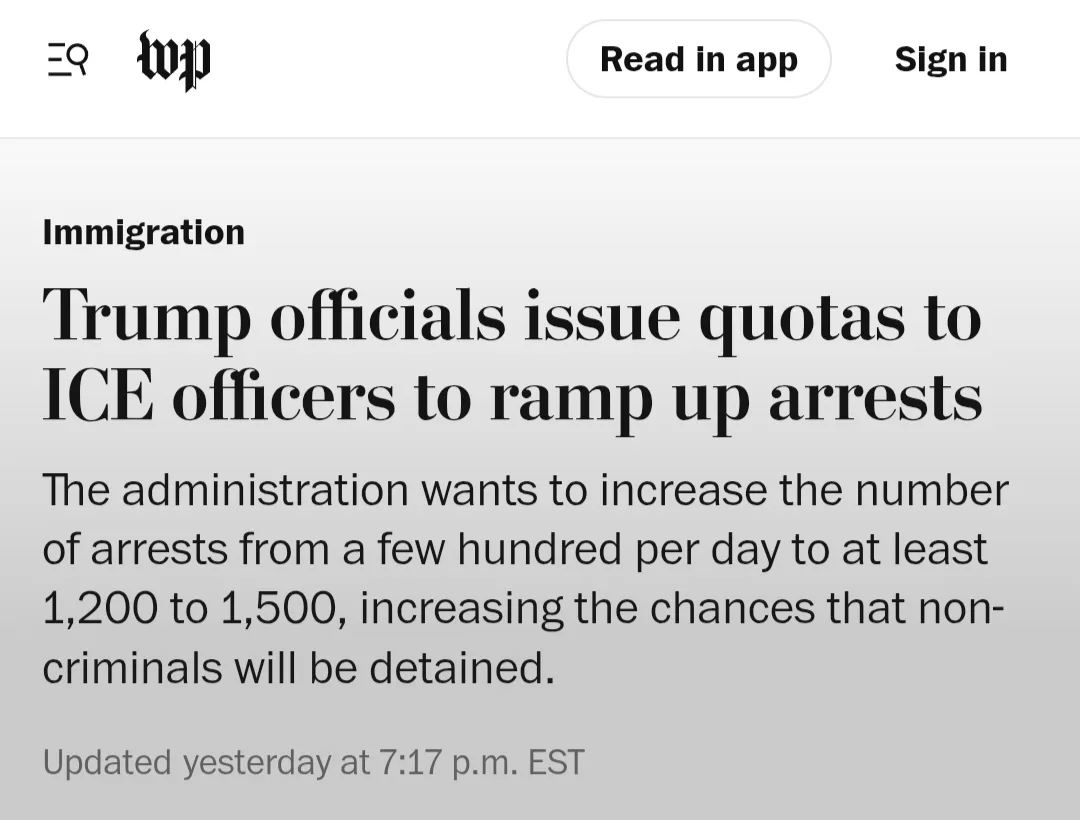 A screenshot of a Washington Post article headline about Trump administration officials issuing quotas to ICE officers to…
