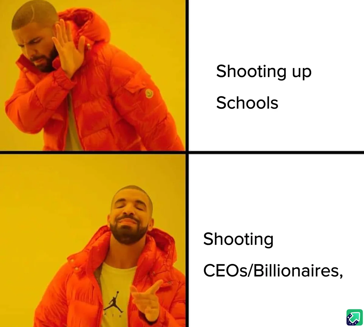 The image shows rapper Drake in two panels: top panel, he covers his ears with a pained expression; bottom panel, he smiles…