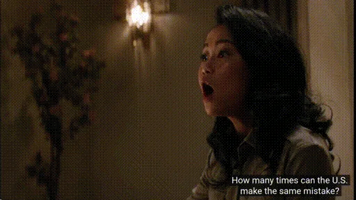 A meme image showing a woman asking 'How many times can the U.S. make the same mistake?' and a man responding 'As many times…