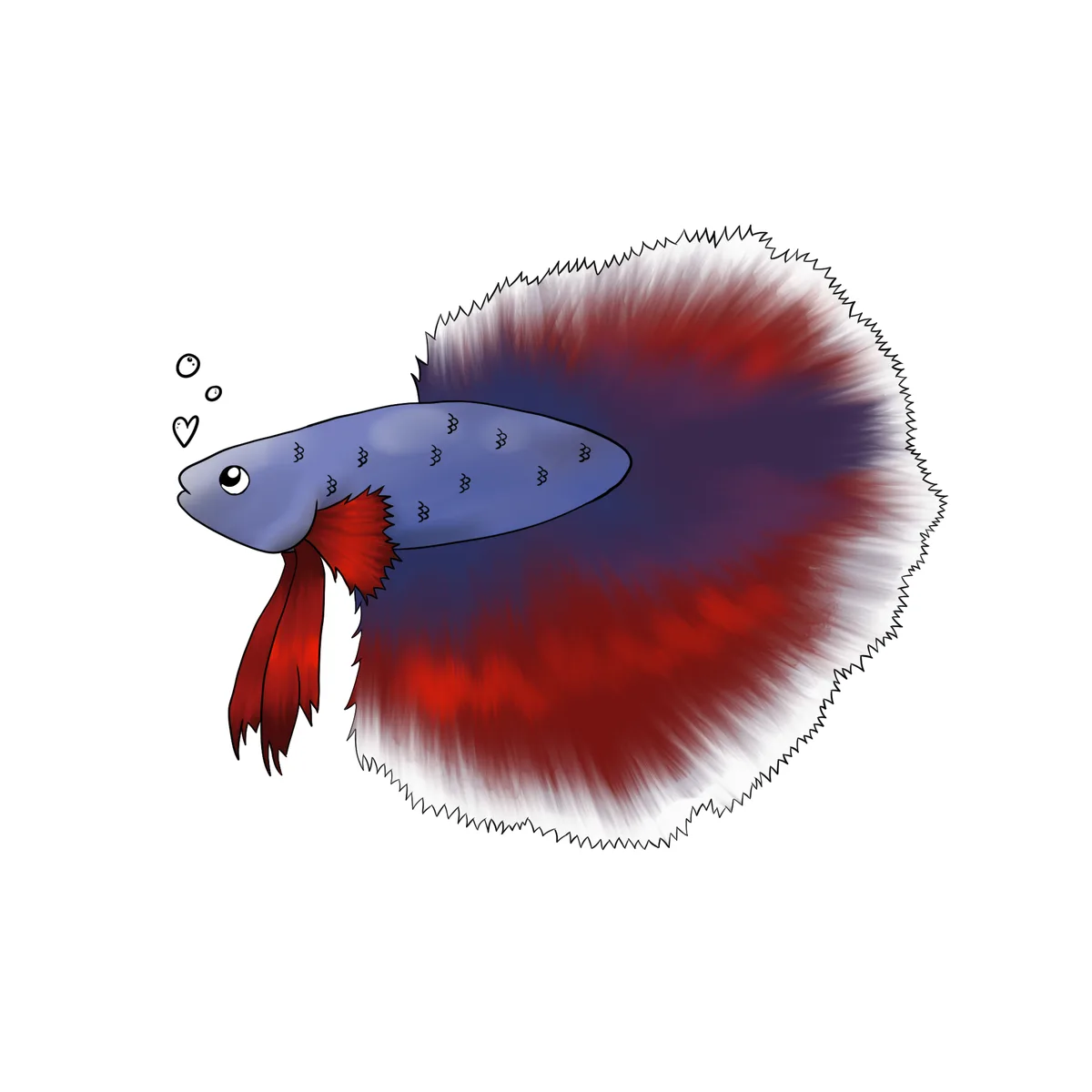 A cartoon betta fish with a blue body, red fins, and a large, flowing red-and-blue tail is shown blowing bubbles, one of…