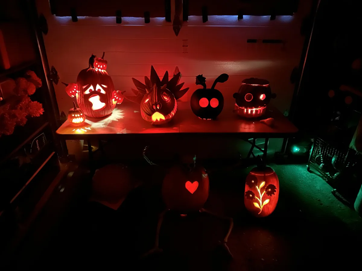 A dimly lit room displays several intricately carved, glowing pumpkins on a table and floor, illuminated by red and green…