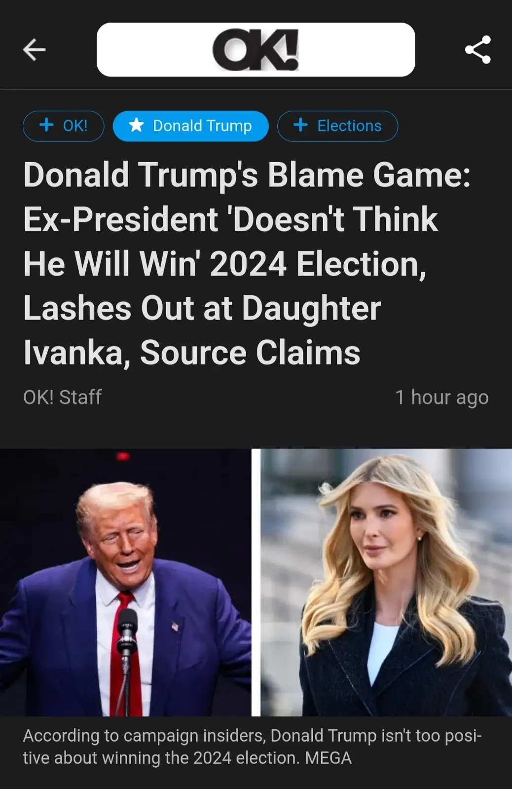 The image displays a screenshot of an OK! magazine article featuring side-by-side photos of Donald Trump speaking at a…