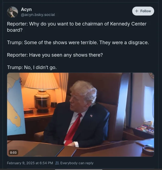 A screenshot of a social media post showing Donald Trump seated in an office chair, looking away from the camera. He is…