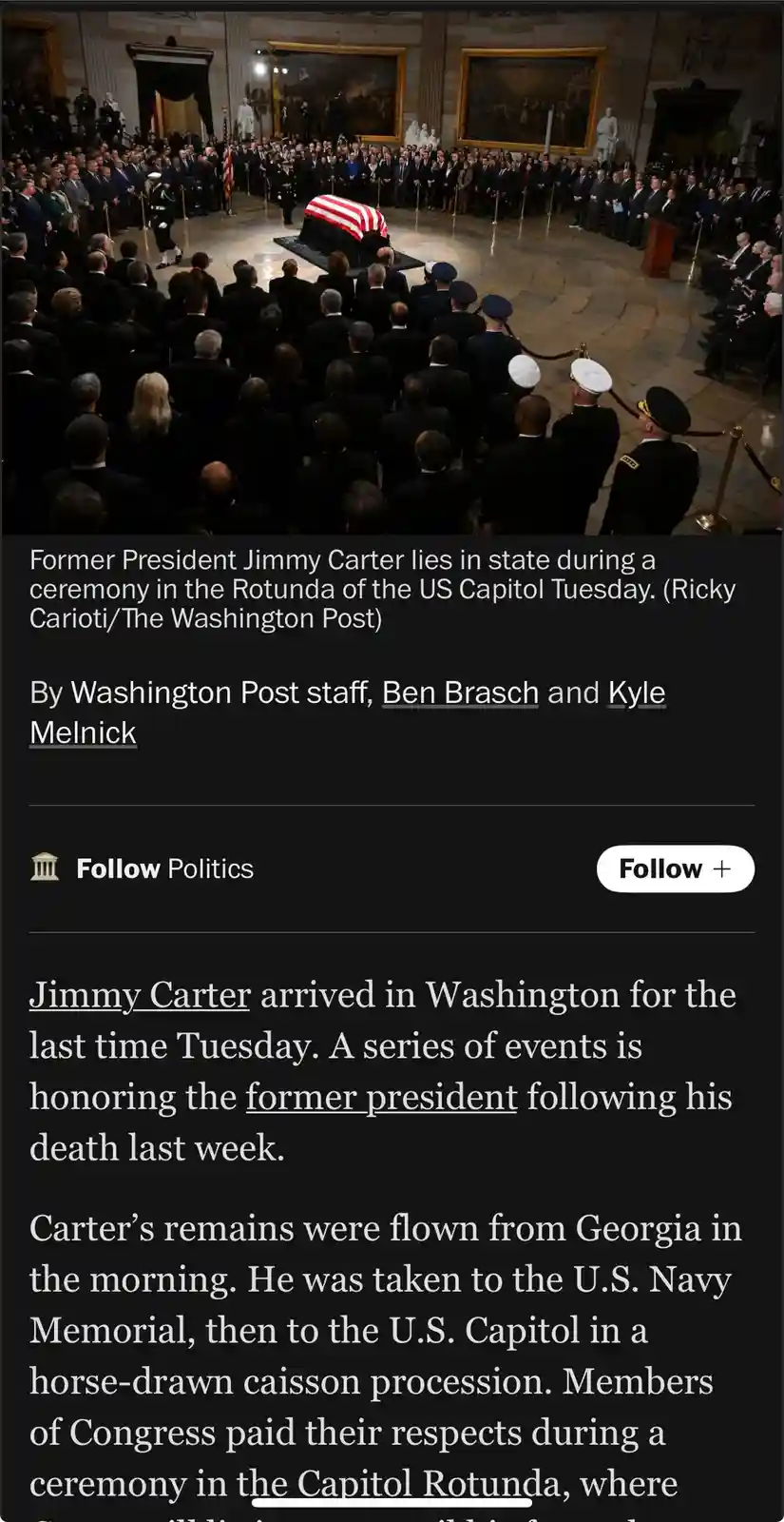 A solemn photo shows the casket of former President Jimmy Carter draped in the American flag, lying in state in the Capitol…
