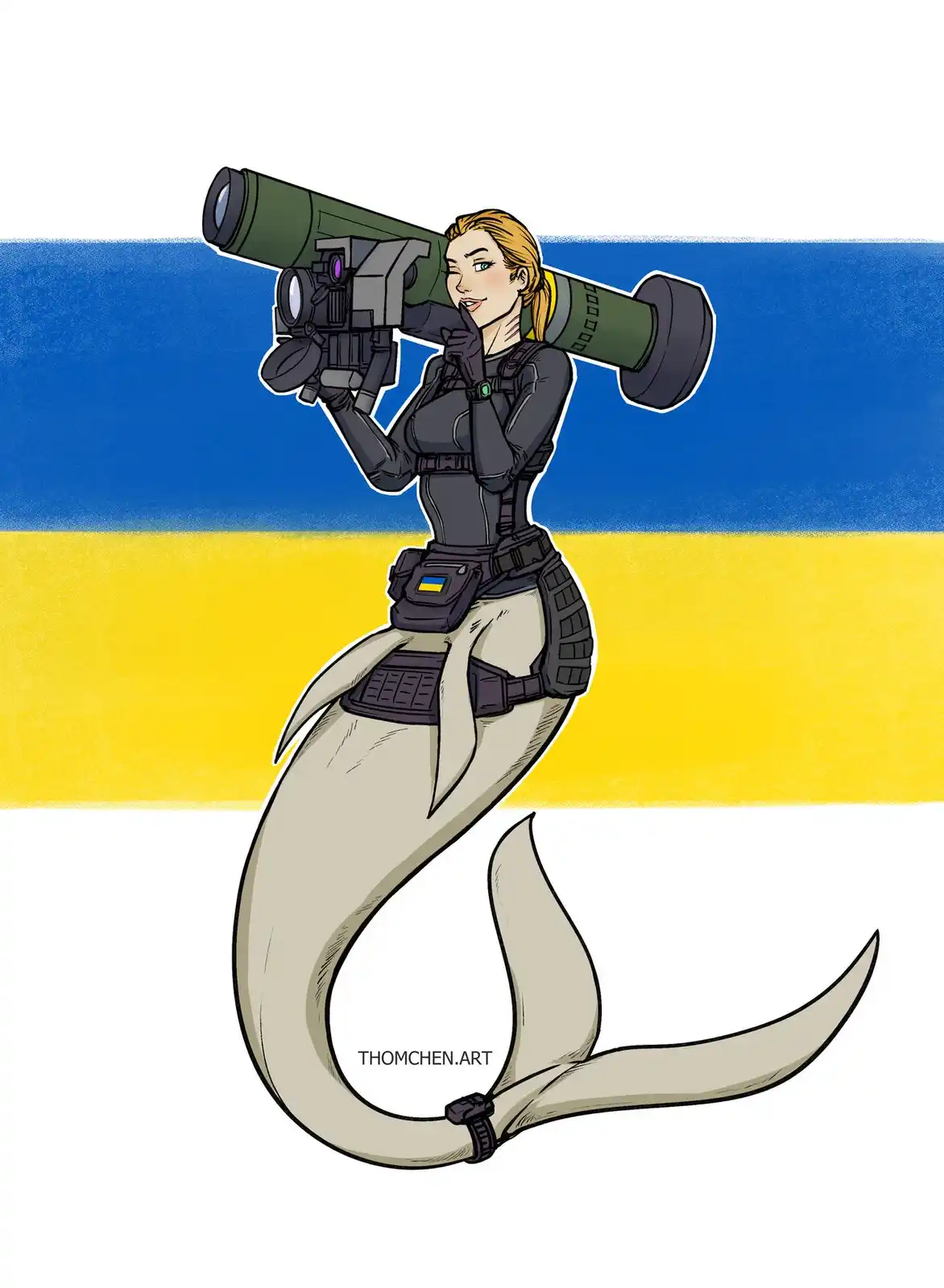 A cartoon illustration shows a blonde woman with a mermaid tail, wearing tactical gear and holding a large green anti-tank…