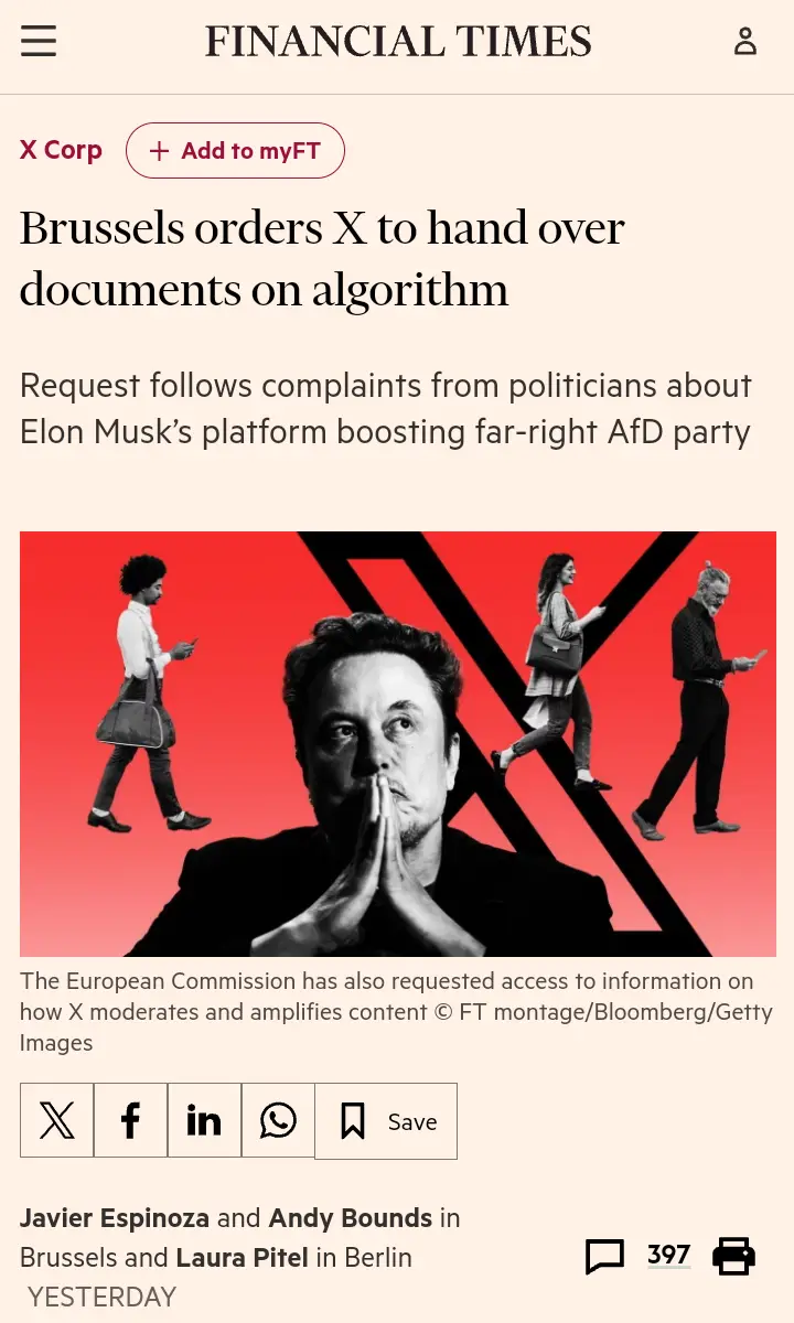A screenshot of a Financial Times article with a large headline reading 'Brussels orders X to hand over documents on…