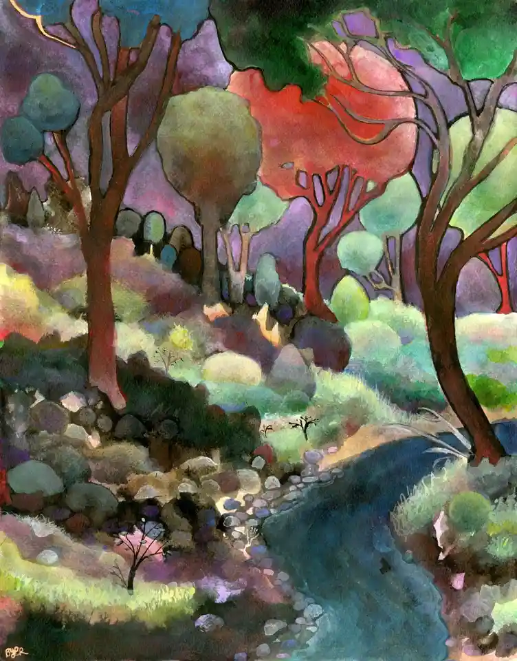 A colorful, stylized painting of a forest scene with trees, rocks, and a stream, overlaid with the text 'i'm not a tree, i'm…